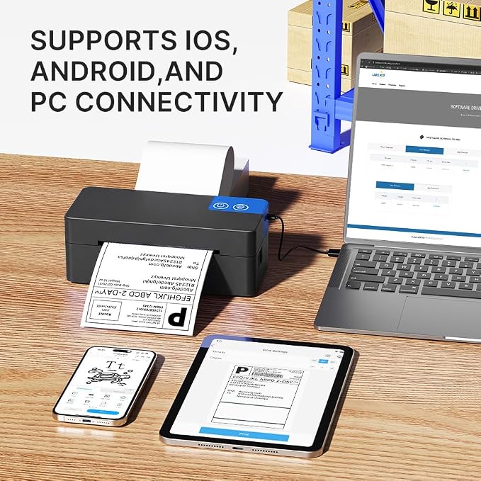 Bluetooth Thermal Shipping Label Printer, 4x6 Portable Thermal Label Printer for Small Bussiness, Compatible with iPhone, Android, Windows & Mac, Widely Used for USPS UPS Amazon Shopify Etsy
