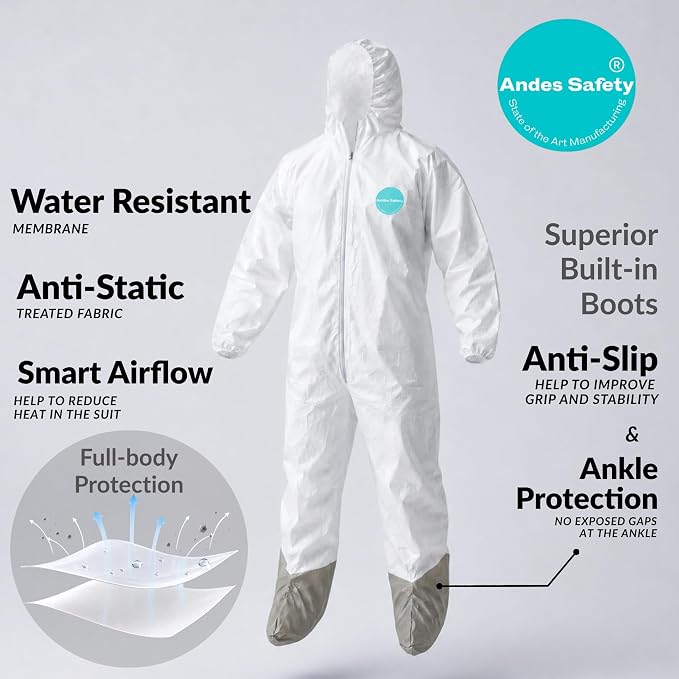 Andes Hazmat Suits, Protective Coveralls with Attached Boots, Heavy Duty Full Body Disposable Painters Suits, Lab Coveralls