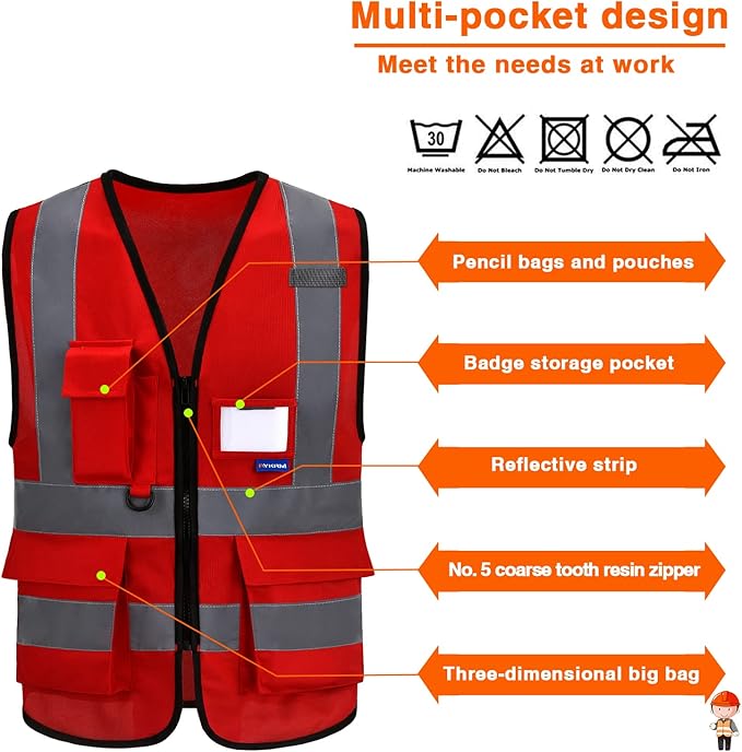 safety vest red | Red L Polyester work vest with 7 pockets, black front zipper and reflective strips for fire safety and emergency response.