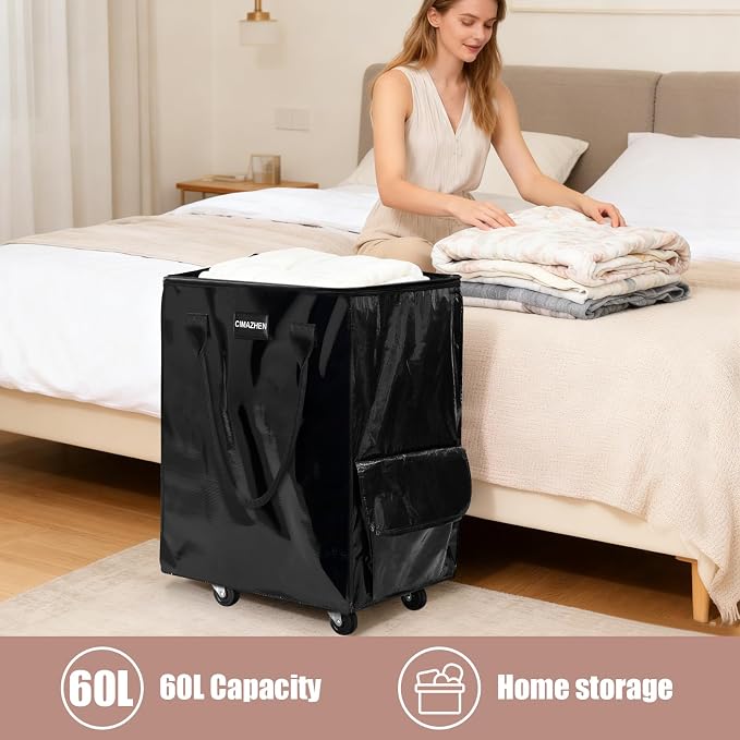 (Small,Black) Reusable Grocery Bag on 4 Wheels, 60L Foldable Rolling Tote Bag with 3 Handles and Zipper, Rolling Shopping Cart for Groceries, Storage, Laundry, Travel, Organizer, 66lb