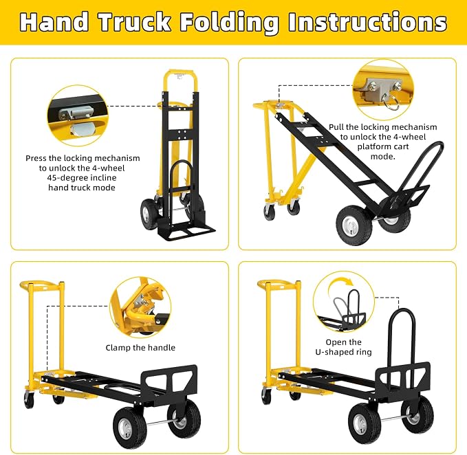 4 in 1 Convertible Hand Truck Dolly, 1000Lbs Capacity, Heavy Duty Folding Hand Truck Dolly Cart with Wheels 10" All-Terrain Tires, Hand Trucks for Logistics, Home, Office, School, Yellow