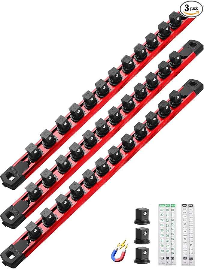ALOANES Magnetic Socket Organizer Set, 3-Piece Heavy Duty Aluminum Socket Rails, 360° Swivel Clips Socket Rail Kit for Tool Tray Drawer Fit 1/2-Inch x 36 Clips (Red, 3PC)