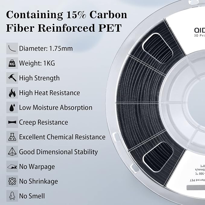 R QIDI TECHNOLOGY Carbon Fiber PET Filament 1.75 1KG Spool, PET CF 3D Printer Filament 1.75mm for Most FDM 3D Printers, High Strength, Low Creep, Low Moisture Sensitivity, Black
