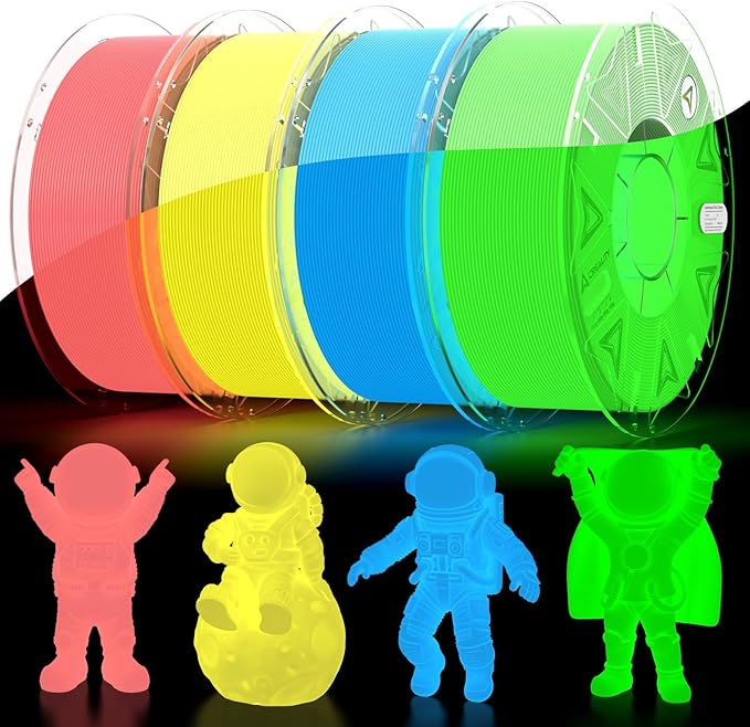 Creality Glow in The Dark Hyper PLA Filament, Luminous 3D Printer Filament 1.75mm, High Brightness&Long Time Glows Filament Bundle, Dimensional Accuracy +/-0.02mm, 4kg Spool(Pink,Blue,Yellow,Green)