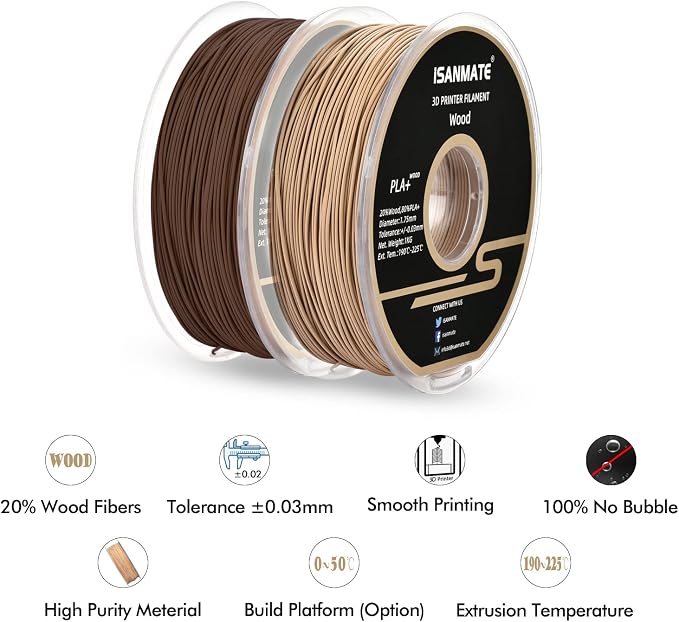 iSANMATE 3D Printer Filament, PLA Filament 1.75mm Bundle, White and Sandal Wood Filament Bundle 2kg/Spool (20% Wood Powder+80% PLA)