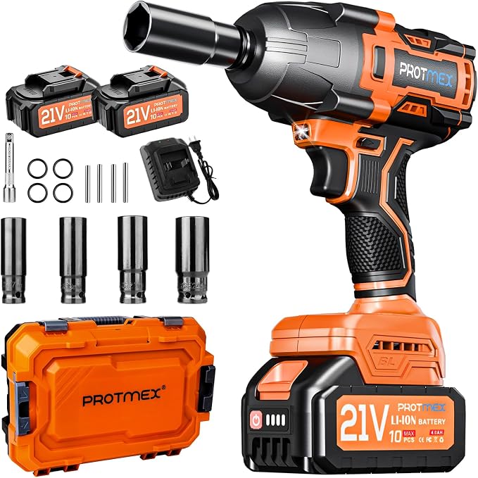 Protmex Cordless Impact Wrench, 900Ft-lbs (1200N.m) 1/2" Brushless Impact Gun, 21V High Torque Power Impact Driver, 2x4.0Ah Batteries Electric ImpactMotor Variable Speeds for Car/Pickup Truck/Mower
