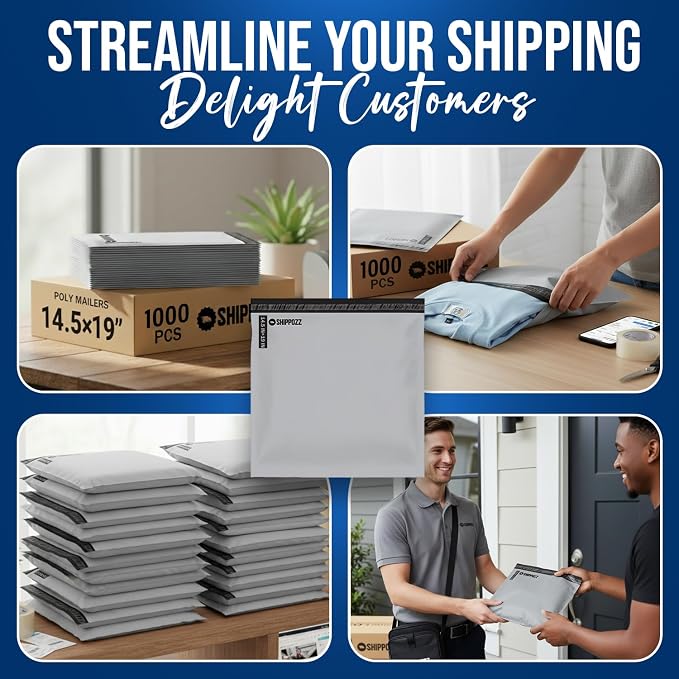 Shippozz 14.5x19 Poly Mailers 1000 Pack, Durable Waterproof Polymailers for Shipping Clothes, Self Seal Mailing Bags for Small Business Packaging Supplies, Mailing Envelopes for Books, and Accessories