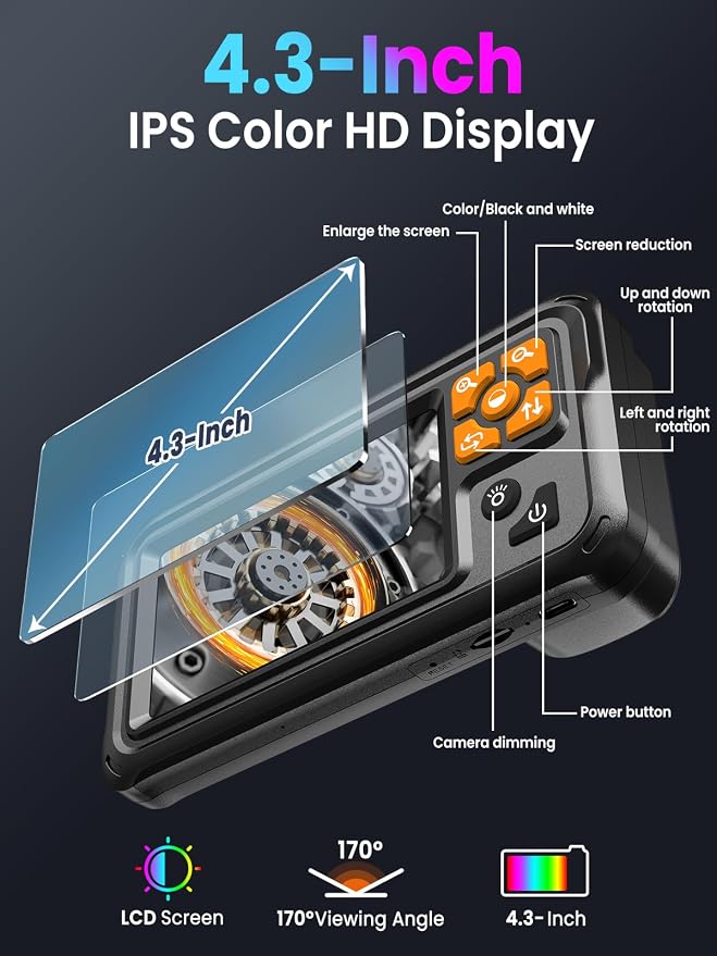 Endoscope Camera with Light, 4.3" IPS Screen 1080P Tools Borescope with 8 LED Lights，Semi-Rigid Cable Snake Camera, IP67 Waterproof Sewer Inspection Men Tool - 16.5FT-Dual Lens