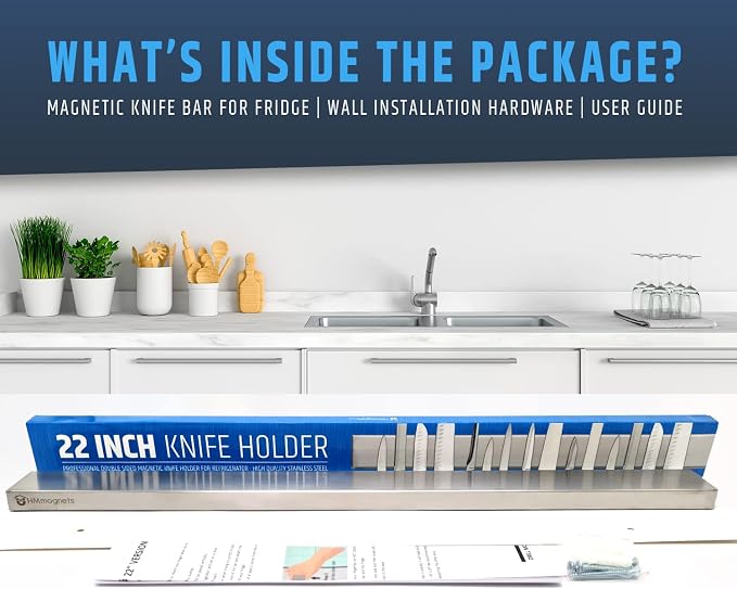 22" Premium Magnetic Knife Holder for Refrigerator (Double-Sided Heavy-Duty Magnets) - Upgraded Strip for Strong Fridge Mount - Clear Up Counter Space - 304 Anti-Rust Stainless Steel (Upgraded Design)
