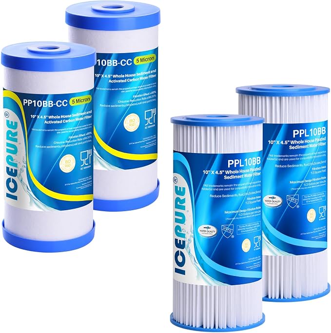 ICEPURE 5 Micron 10" x 4.5" Whole House Water Filter Compatible with GE FXHTC 2 Pack and 10" x 4.5" Whole House Pleated Water Filter Replacement 2Pack