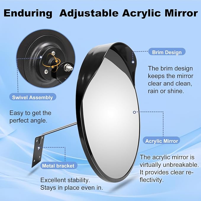 24" Unbreakable Convex Traffic Mirror – Adjustable Bracket, Wide-Angle Security Mirror for Retail Store, Garage, Warehouse, Blind Spot, Office, Parking Lot, Blind Spots Outdoor