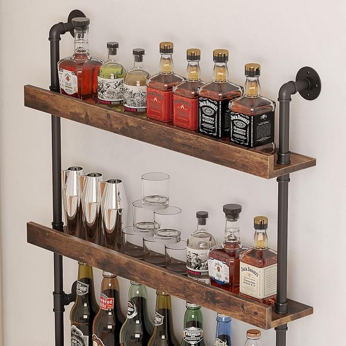 5-Tier Wall Mounted Wine Rack, Industrial Pipe Bar Shelf for Wine Bottle Storage, Industrial Pipe Shelves Shelf Shelving for Home Bar Dining Room Kitchen (39.4" W x 79" H)