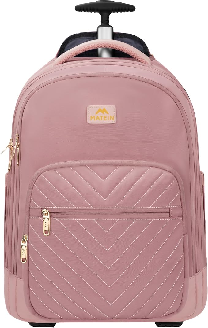 MATEIN Rolling Backpack for Women, 17 Inch Travel Laptop Backpacks with Wheels, Large Carry On Business Luggage Roller Backpack, Waterproof Trolley Suitcase Overnight College Work Computer Bag, Pink