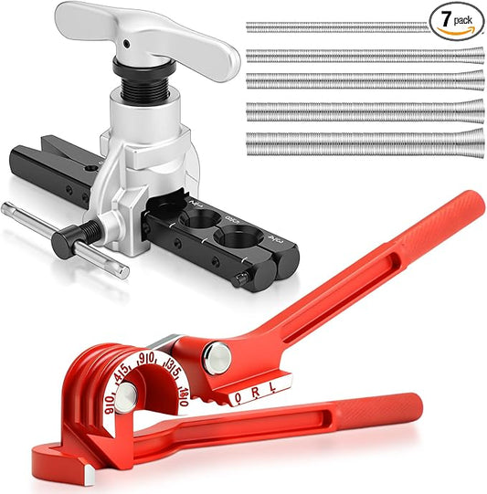 7 Pcs Eccentric Tubing Flaring Tool Kit 7 Dies for 3/16-3/4 inch, 3 in 1 180 Degree Tubing Bender, Spring Tube Bender Set for Pipe 1/4 5/16 3/8 1/2 and 5/8 Inch for Refrigeration Brake Line
