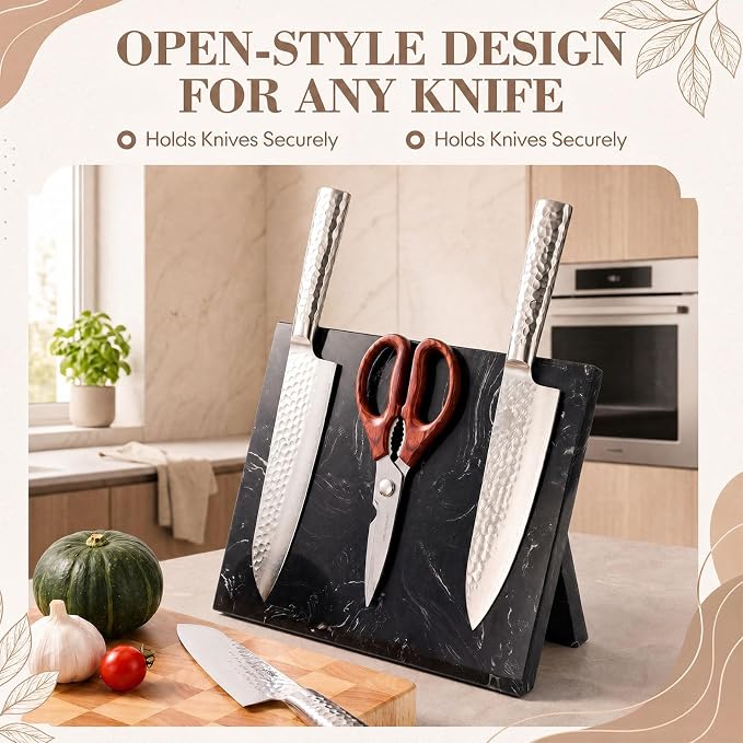 Magnetic Knife Block Marble Black Magnetic Knife Holder Heavy Duty Knives Block Stand with Strong Magnets for Countertop Kitchen Storage, 8.46 x 10.24 Inches