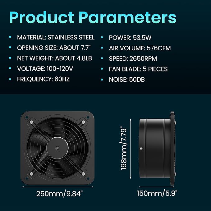 HG Power 8 Inch Exhaust Fan with Speed Controller, 567 CFM Kitchen Exhaust Fan with Damper, Metal Extractor Fan for Window, Attic, Ceiling, Basement Ventilation