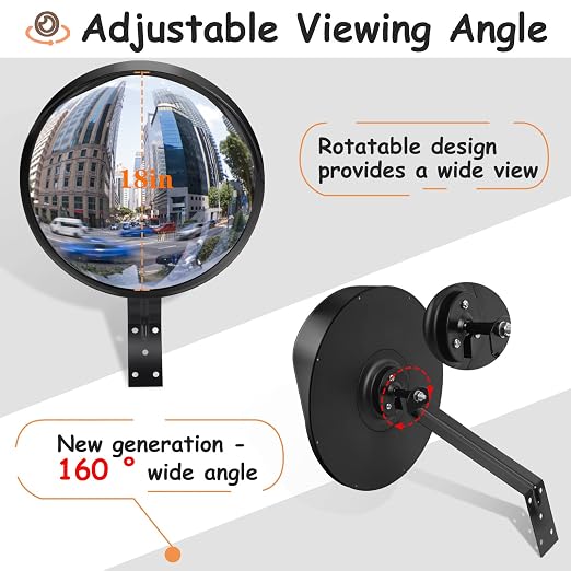 Driveway Mirror 𝟭𝟴" 𝗦𝗲𝗰𝘂𝗿𝗶𝘁𝘆 𝗠𝗶𝗿𝗿𝗼𝗿𝘀 𝗢𝘂𝘁𝗱𝗼𝗼𝗿, Blind Spot Convex Mirror with Adjustable Fixing Bracket, Wide Angle Clear View for Garage Home Parking Factory Office