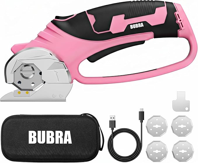 Cordless Electric Scissors 4V Rechargeable Cardboard Cutter with 4 SK5 Blades, 2000mAh Battery, LED Light, Electric Box Cutter 1/3” Cutting Capacity Power Cutter for Fabric Carpet Leather - Pink