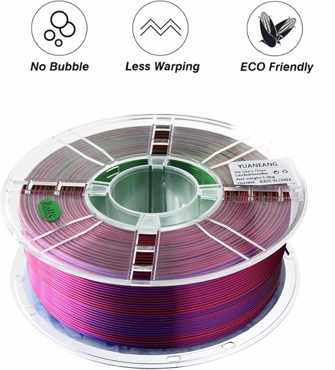 Silk Triple-Color PLA Filament 1.75mm Red-Green-Blue, ±0.03mm Precision, 1kg Spool (2.2 lbs), Smooth Multi-Tone Gradient PLA, Neatly Wound & Compatible with Most 3D Printers