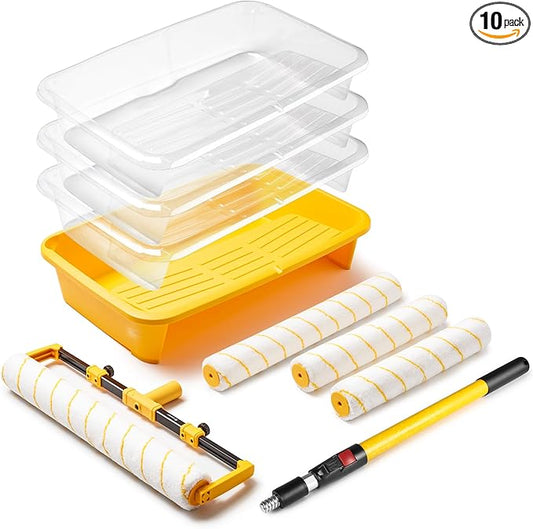 Voomey 18" Paint Roller Kit，10Pc Paint Roller Tray with Liner,12" 18" Microfiber Paint Roller,Paint Extension Pole，Suitable for DIY Interior Walls, Rooms