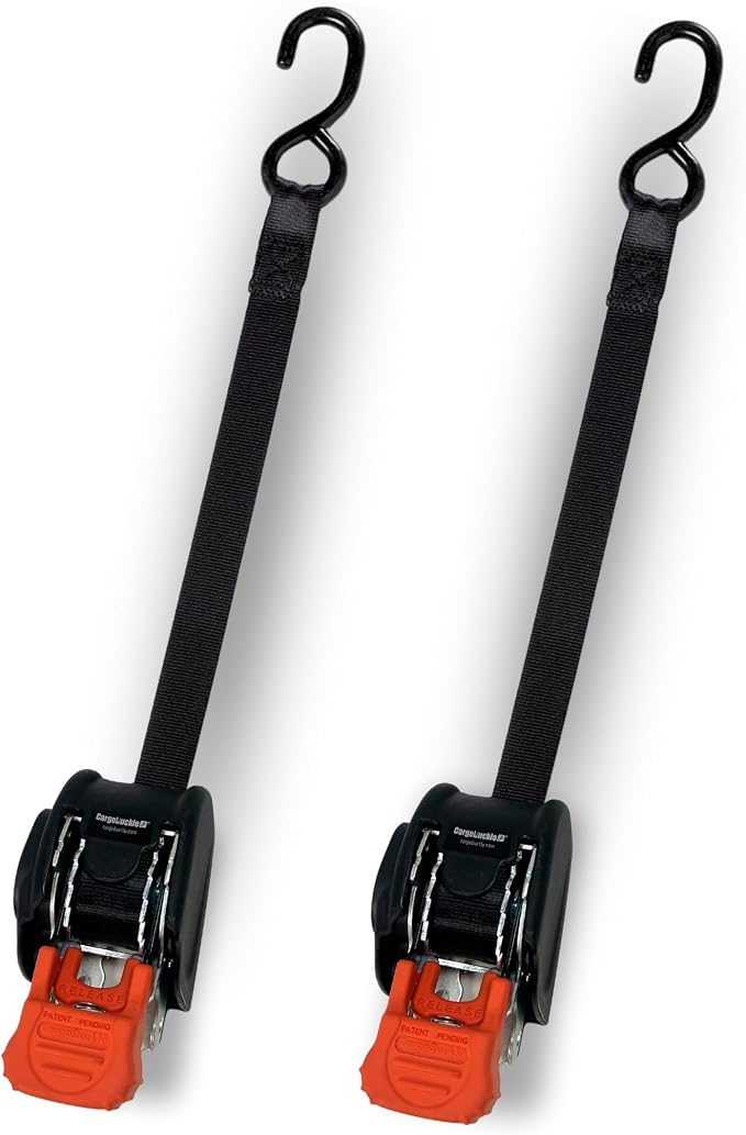 CargoBuckle Mini G3 Retractable Ratchet Straps, 1400 lbs Break Strength, 1-Inch Width X 6 ft Reach, Self Retracting Ratchet Straps for Trailers, Toy Haulers, ATVs, and Motorcycles - 2 Pack