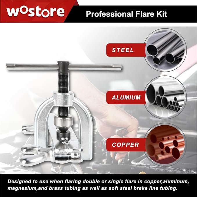 Wostore Double Flaring Tool Kit for 45° Single Double Flares with 7 Adapters, Brake Flare Tool with Tube Cutter Deburring Tool for Copper Brake Line, Hydraulic System, Copper Tubing Flare Kit