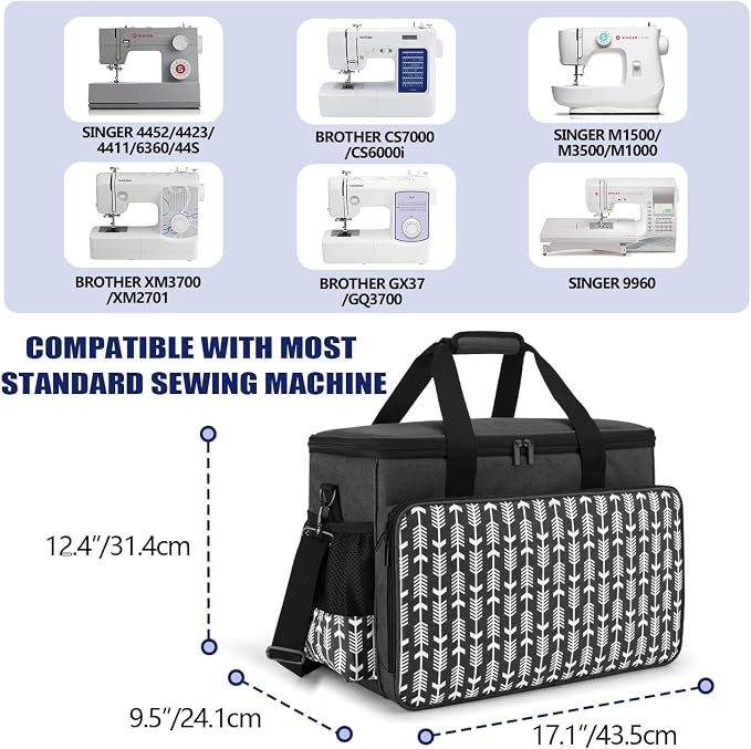 Yarwo Sewing Machine Carrying Case with Thicken Bottom Board, Universal Sewing Machine Tote Compatible with Most Standard Sewing Machine and Accessories, Black with Arrow