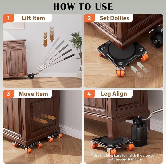 ONEON Heavy Duty Furniture Movers with Wheels Dolly with Auxiliary Lifter, All-New Upgraded Carbon Steel Panels & Dual-Wheeled Casters, Supports up to 2200 lbs (XL)