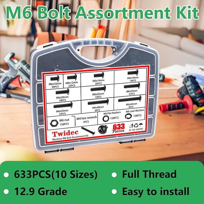 Twidec/633PCS M6 Bolt Assortment Kit 12.9 Grade M6x10/12/14/16/20/25/30/35/40/45mm Button Head Hex Socket Cap Screws Metric Bolts Nuts Washer Assortment Kit Black Alloy Steel N-103-633PCS