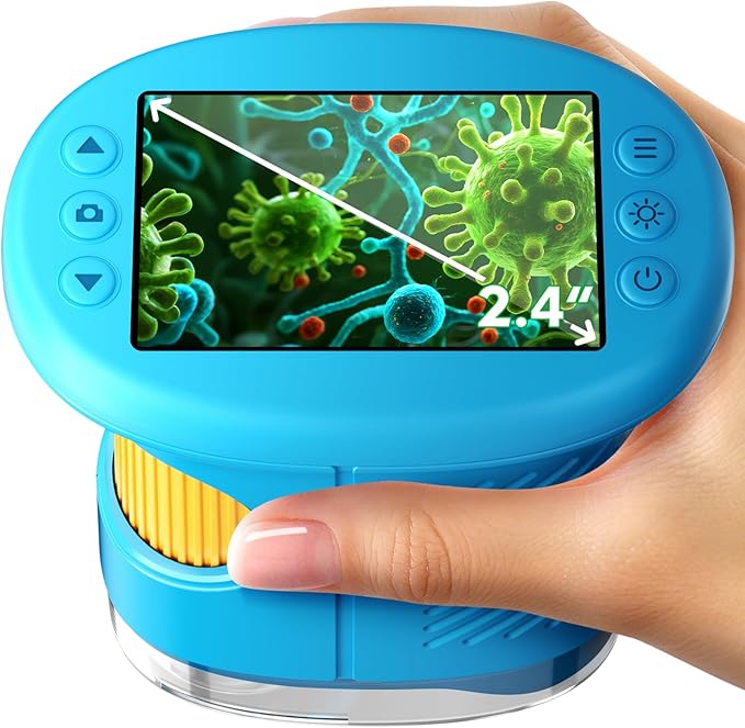 Odatay 4K 1000X Digital Microscope for Kids with Long Distance Viewing & 2.4" Screen, Portable Handheld Edu Toys for Kids Age 3-12 Exploring Bugs Plants at Home Classroom & Outdoor Travel, Blue