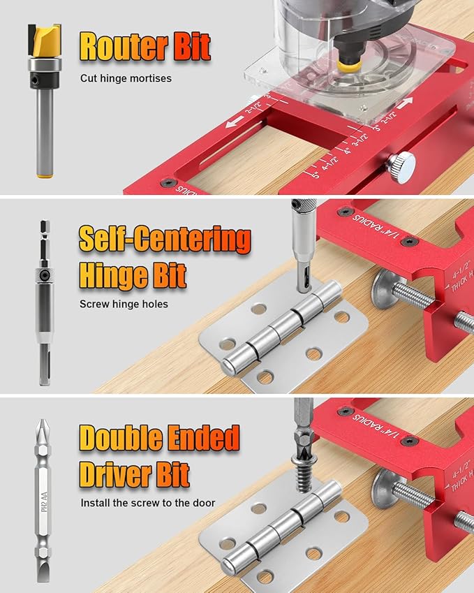 Door Hinge Jig and Door Lock Installation Kit, Aluminum Alloy Router Template for Hinge Mortising from 2.5" to 5" and Types of Square, 1/4", 5/8" Radius, Door Hole Drilling Kit for Knob and Deadbolt