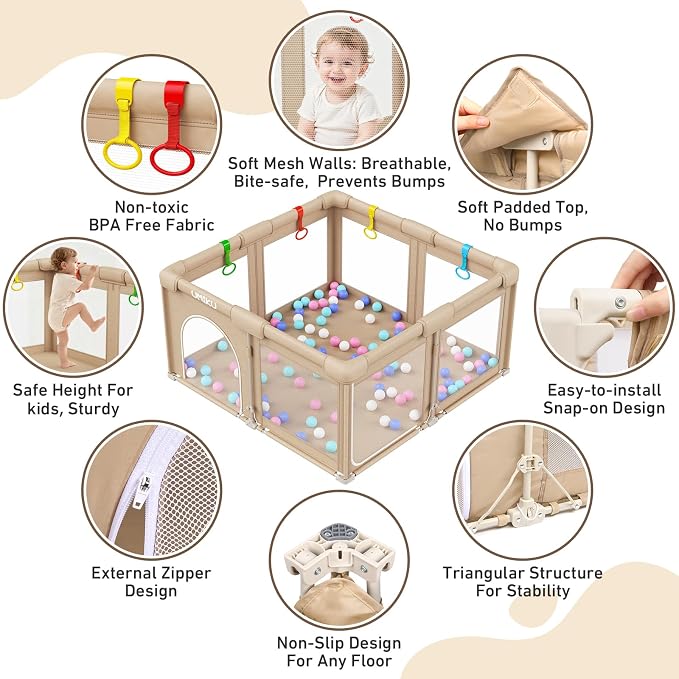 Baby Playpen Foldable Playpen for Babies and Toddlers, Large Playpens Portable Play Pen Play Yard for Kid Fence Indoor Outdoor Travel 4 Handlers 50 Balls Baby Newborn Infant Gifts 50"X50" Khaki