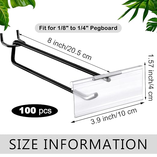 Tandefio 100 Pack 8 Inch Black Metal Peg Board Hooks with Clear Plastic Label Holder Stainless Steel Display Pegboard Hooks for 1/8'' to 1/4'' Pegboard Wall for Garage Storage Retail Shop Supplies