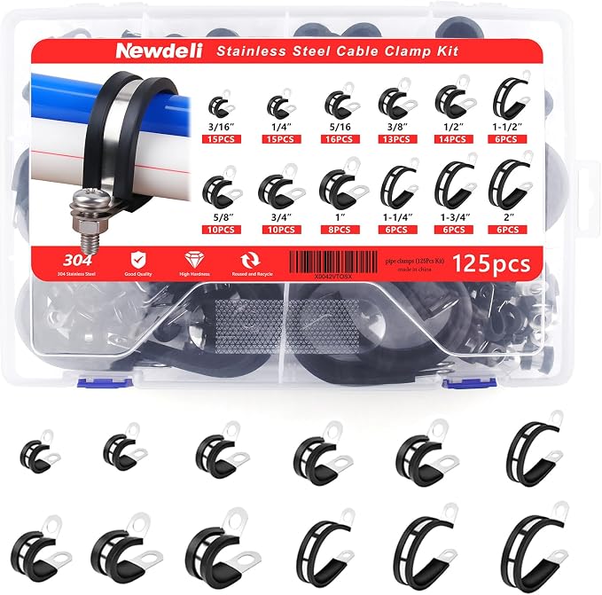 Newdeli 125Pcs Cable Clamps Assortment Kit 12 Sizes 3/16" 1/4" 5/16" 3/8" 1/2" 5/8" 3/4" 1" 1-1/4" 1-1/2" 1-3/4" 2" Stainless Steel Rubber Cushioned Hose Clamp Insulated Automotive Wire Pipe Clamps