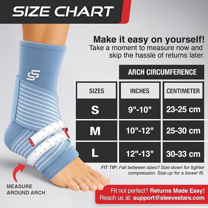 Sleeve Stars Ankle Brace for Women & Men, Ankle Wrap for Sprained Ankle, Compression Sleeve for Plantar Fasciitis Relief, Easy Customizable Support: w/Removable Strap (Single/L:12"-13"/Light Blue)