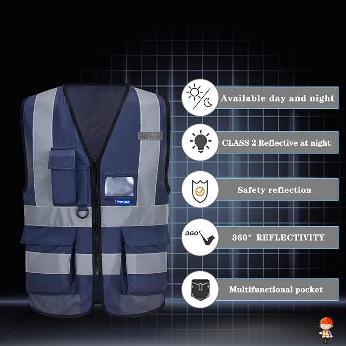 navy blue safety vest with zipper pockets | Navy M work vest with clear ID pocket, radio mic loop and reflective strips for warehouse logistics; for men and women.