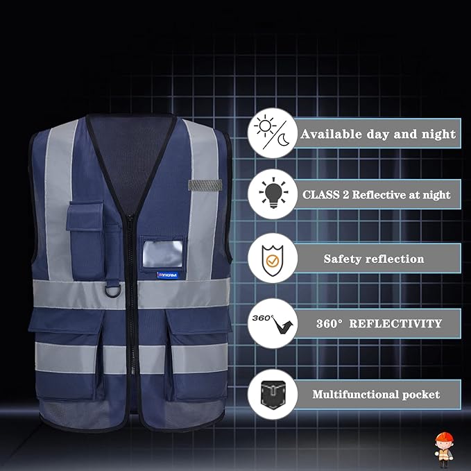 navy blue safety vest with pockets | Navy 2XL Polyester work vest with clear PVC ID holder, mic tabs and high-visibility reflective strips for site management.