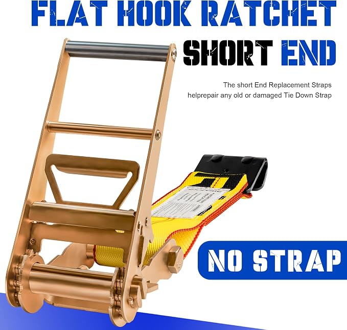 4 Inch Ratchet Strap with Flat Hook Fixed End, Heavy Duty Replacement for Flatbed Trailer, Vehicle Tie Down Straps, Cargo Control, 6600lbs WLL - 2 Pack