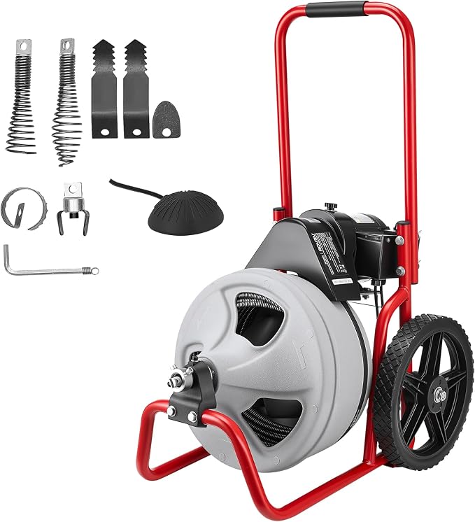 VEVOR Drain Cleaner Machine 75 FT x 3/8 Inch, Sewer Snake Auger Manual Feed on Wheels, Portable Drain Cleaning Machine with 6 Cutters & Air-activated Foot Switch for 2" to 4" Pipes
