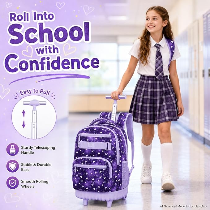 3Pcs Rolling Backpack for Girls Teens, 19" Wheeled Backpack with Lunch Box, Polka Dots Travel Roller Backpack for Women College Students (Purple)