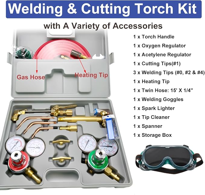 Oxy Acetylene Torch Kit,Portable Gas Cutting Torch and Welding Kit with Heating Tip, Acetylene Oxygen Gas Regulator Welding Hose,Welding Glasses Storage Case