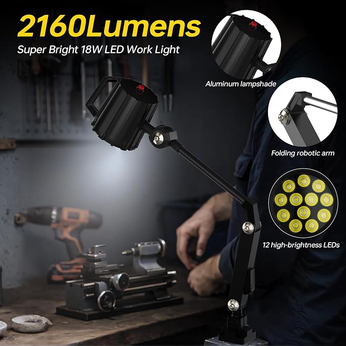 Articulating Led Work Light, 18W Black Machine Lights, 2160 Lumens Flexible Wood Lathe Light Drill Press Lighting 110-220v
