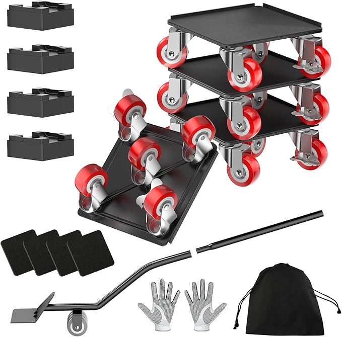 LOYAL TIGER 1500LBS Heavy Duty Furniture Dolly Movers Set with Lifter, 5-Wheel Carbon Steel Moving Rollers with Locking Casters for Refrigerator, Washer, Sofa & Cabinet(5.4 Inch, Red)