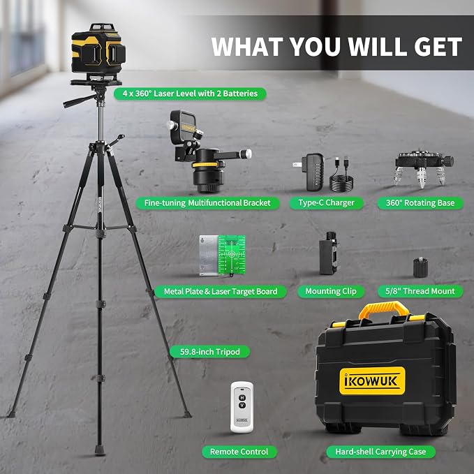 IKOVWUK 4x360° Laser Level Pro Kit with Tripod, 4D Cross Line Laser Level with Fine-tuning Bracket, 16 Lines Laser Level with 2 * 4000mAh Battery, Compact Adjustable 59.8-inch Tripod Included