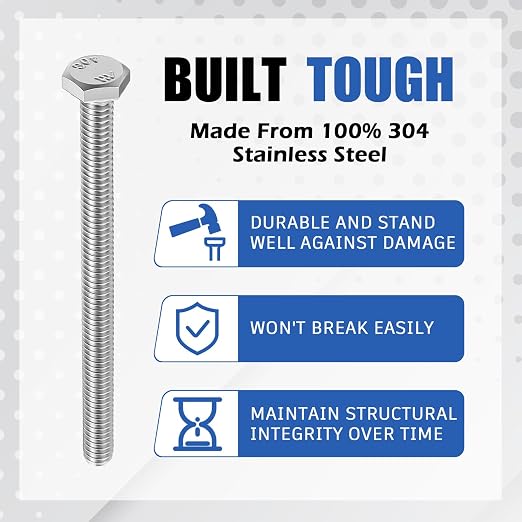 Zonon 50 Pcs 1/4-20 x 3-1/2" Hex Head Screw Bolt 18-8 (304) Stainless Steel Hexagon Bolts, Fully Threaded, Plain Finish, External Hex Drive (Silver)