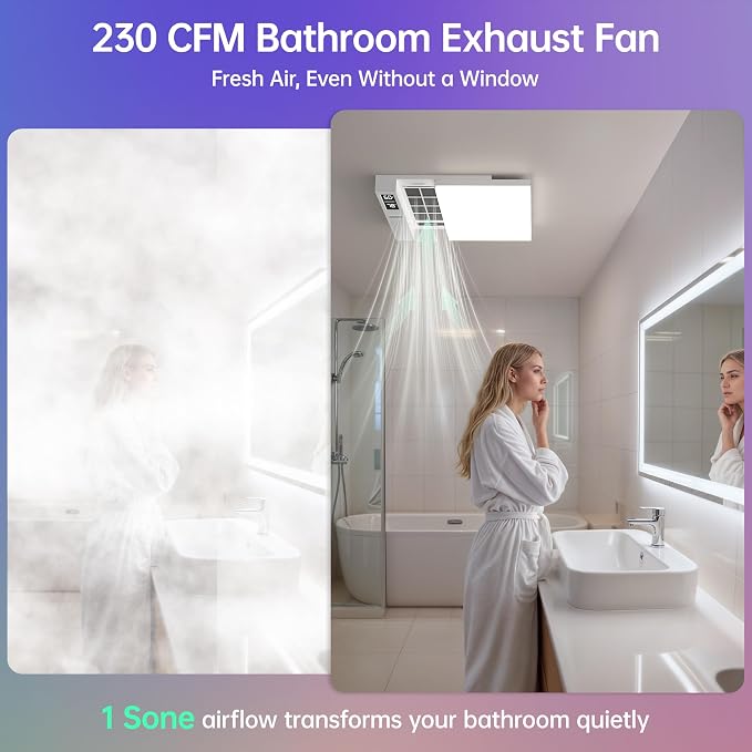 VallisCo Bathroom Exhaust Fan with Light, Bluetooth Speaker, Odor & Humidity Sensors, 230 CFM Quiet Ceiling Fan with 3 Dynamic RGB Lighting, 3CCT - Remote App Control - Compatible with Alexa