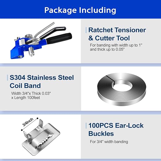 VerRich Banding Strapping kit with 3/16"~3/4" Stainless Strapping Tensioner Tool,100 Feet * 3/4" Wide * 0.03" Thick Banding Strap,100 Pcs Ear-Lokt Buckles for High Tensile,Cutting,Heavy Duty Package.