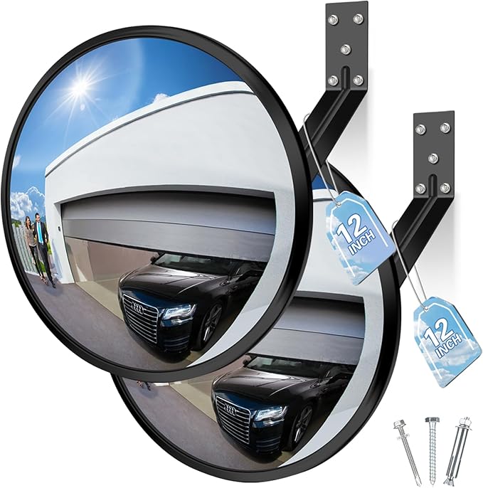 2 Pcs 12” Acrylic Convex Mirror - Adjustable Wide Angle View Security Traffic Mirror Indoor Outdoor, Wall Mounting Corner Blind Spot for Garage Warehouse, School, Store Safety and Office
