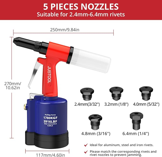 JUSTOOL 3916 LBF Heavy Duty Air Rivet Gun Pneumatic Rivet Gun, 5 Nosepieces 3/32", 1/8", 5/32", 3/16", 1/4", 16mm Maximum Stroke, NPT 1/4 inch Air Pop Riveter for Automotive, Construction, Industries