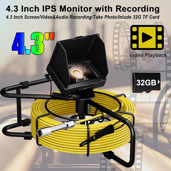 Sewer Camera 10m/32ft, 4.3" Pipe Snake Camera with DVR Function, Drain Plumbing Inspection with LED Light, 17mm/0.67in Waterproof Industrial Endoscope for Home Wall Duct Drain Pipe (10m/32ft)